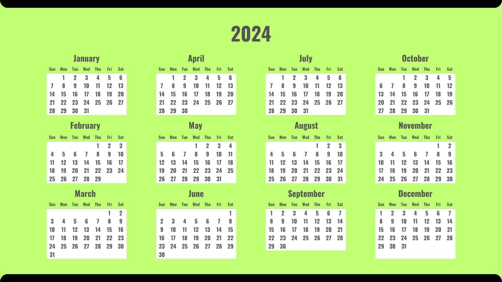 Simple 2024 Yearly Calendar