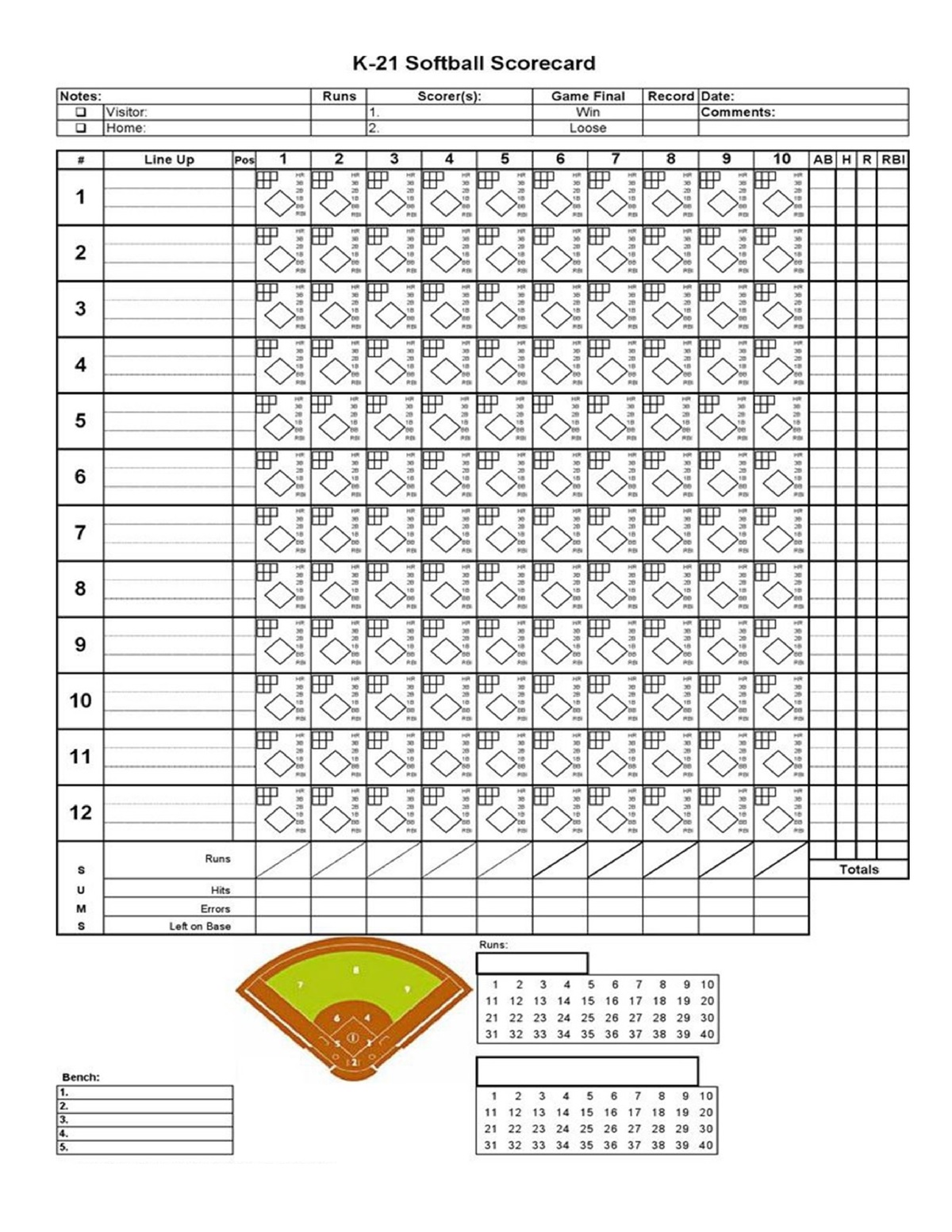 softball score sheet Free Printable