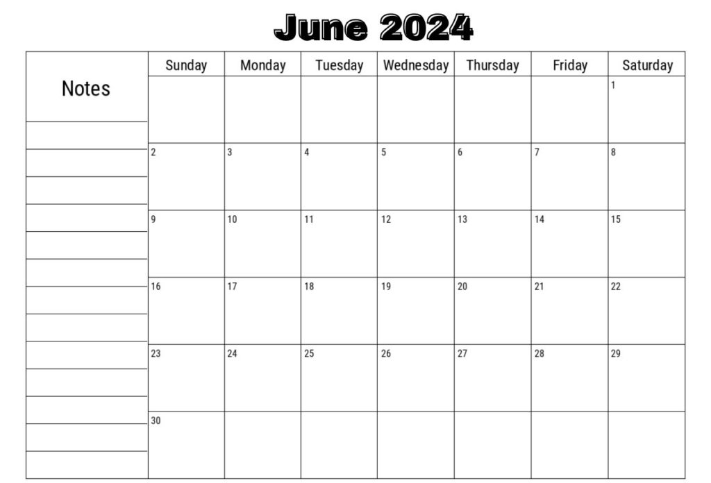 June 2024 With notes Calendar
