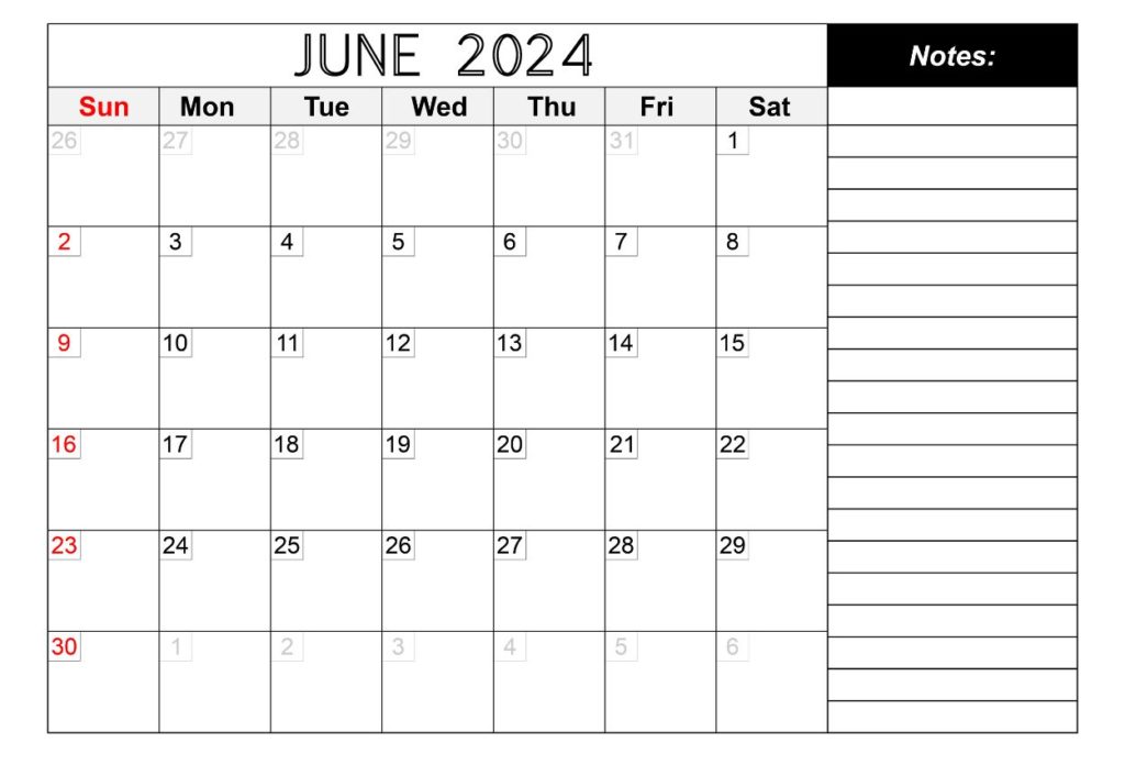 June 2024 customizable calendar
