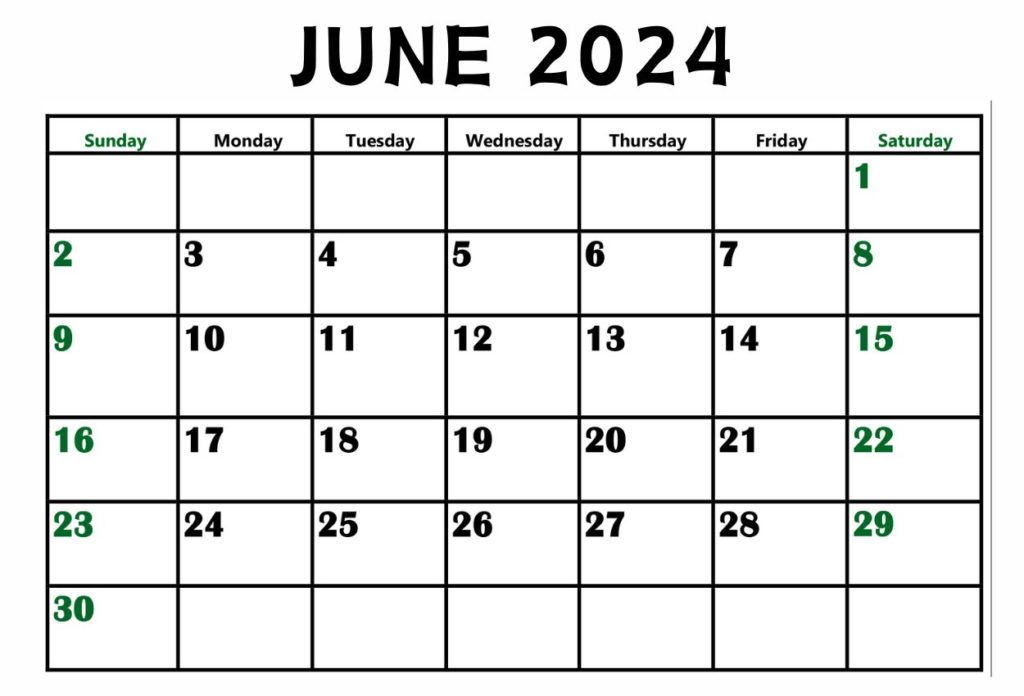 June blank calendar 2024 template word