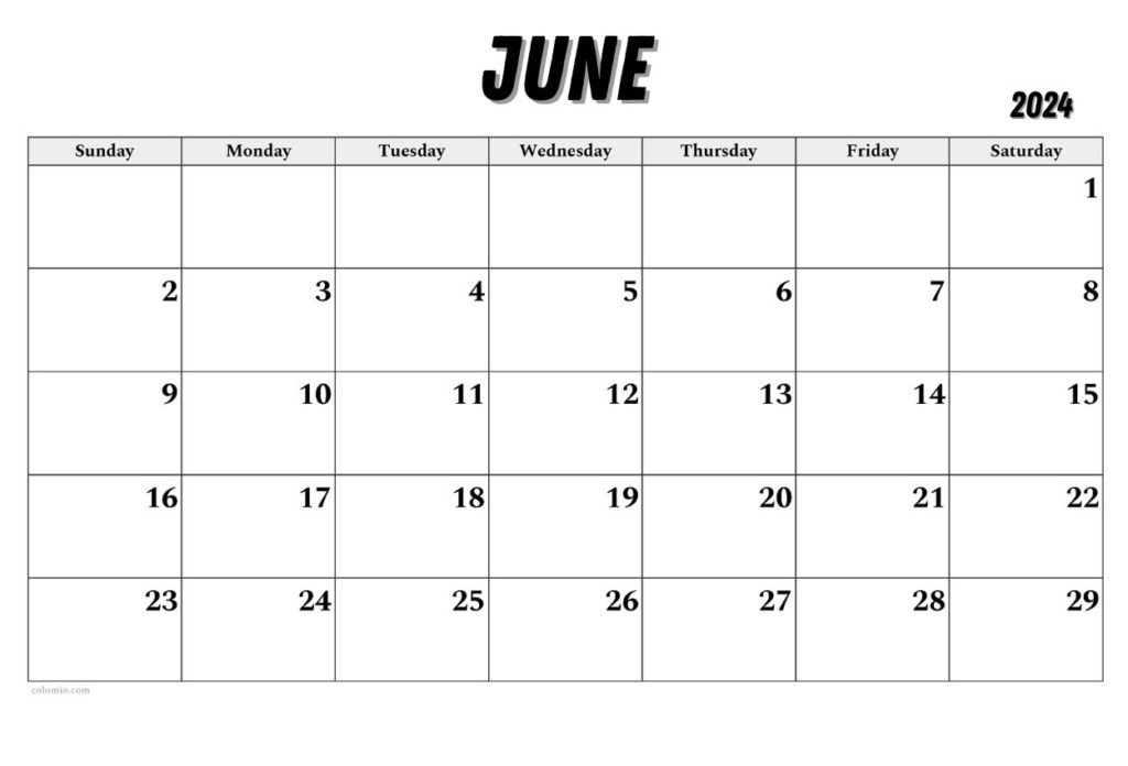 printable June 2024 blank template calendar