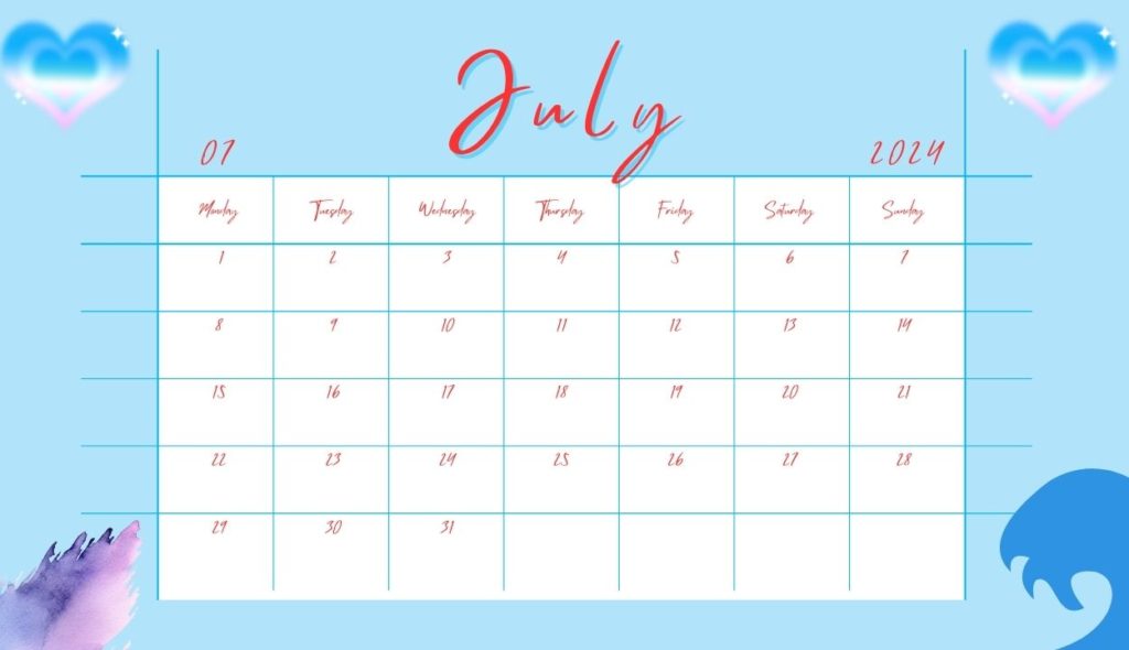Cute 2024 July Calendar for home