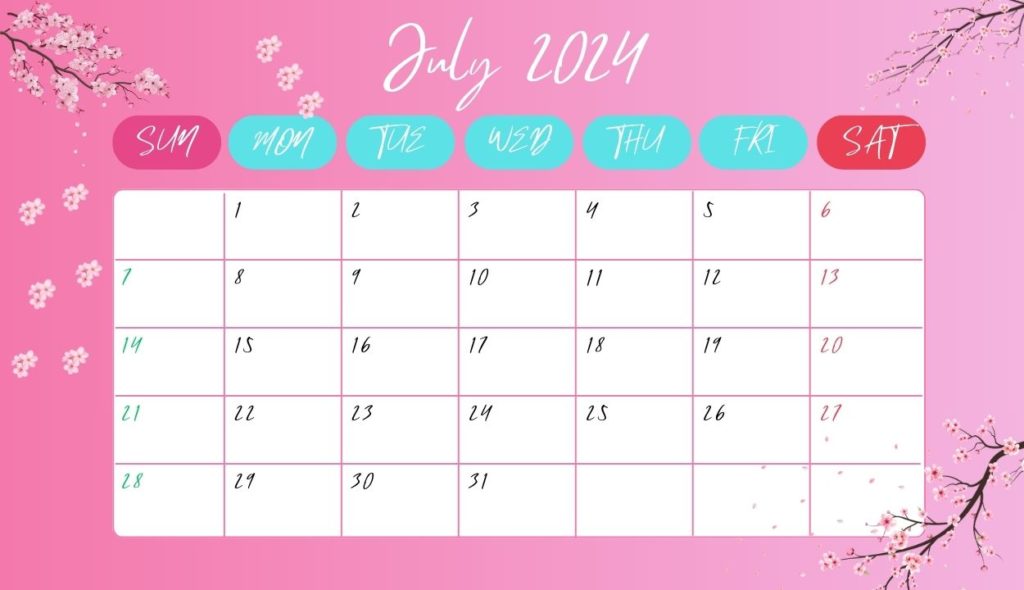 Floral 2024 July Calendar