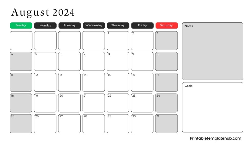 August 2024 simple notes Calendar