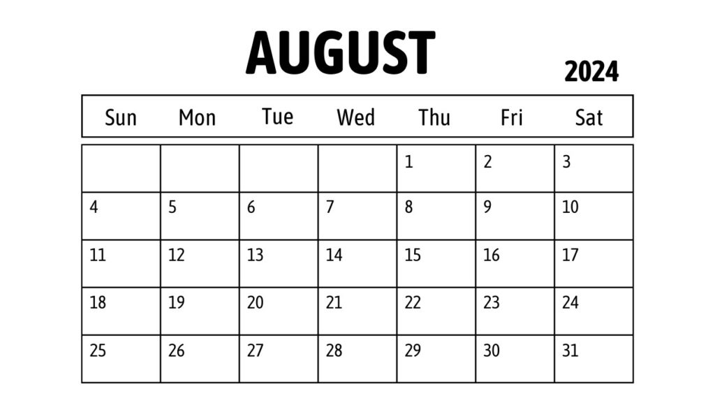 August Blank Calendar 2024 Template Word