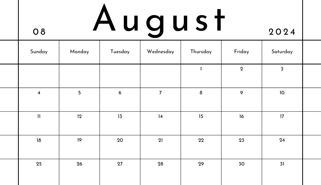 Free Monthly August 2024 Calendar